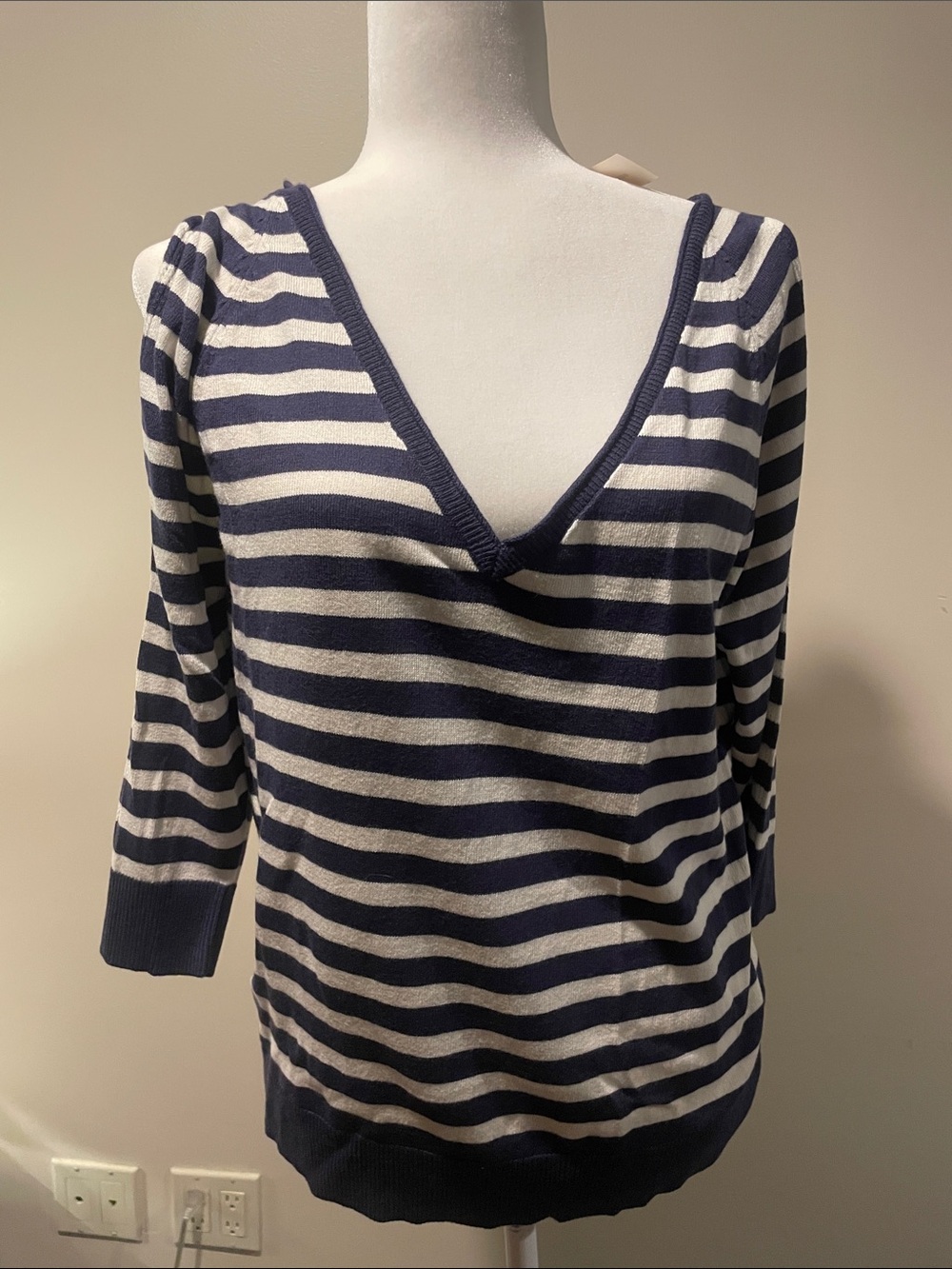 New York & Company Navy and White Striped V-Neck Sweater Top peekaboo arms
